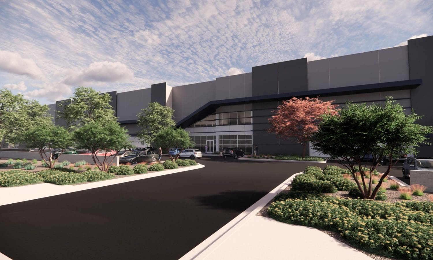 Evision-Dobbins-202-West_Rendering_BLDG-A-Entrance-Drive_2022-11-25
